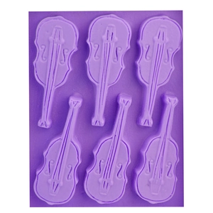 Purple silicone mold featuring six violin shapes for fondant cake and chocolate baking