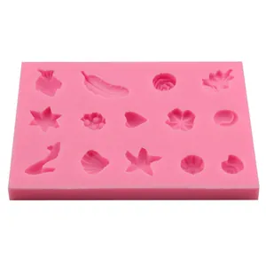 Moule à fondant en silicone rose avec 13 cavités de fleurs et de coquillages pour pâtisserie