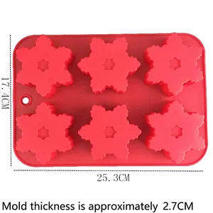 Red 6-cavity snowflake silicone cake mold for DIY baking with dimensions 25.3x17.4x2.7cm
