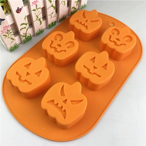 Orange 6-cavity Halloween pumpkin face silicone baking mold for DIY cakes and chocolates
