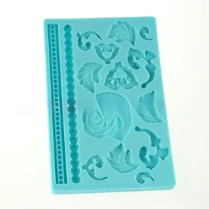 Detail view of light blue silicone mold featuring rose flowers and baroque embossed patterns