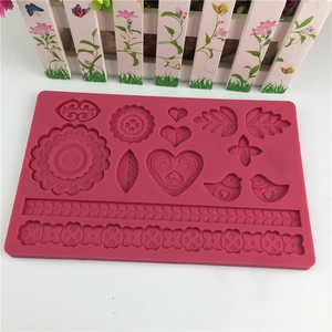 Pink floral leaf silicone fondant mold featuring flowers and bird patterns for cake DIY