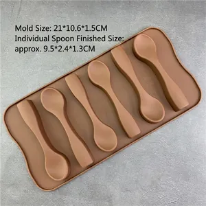 6-cavity brown silicone spoon mold for DIY chocolate baking with 21x10.6x1.5cm dimensions