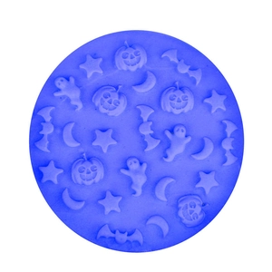 Blue silicone Halloween cake mold featuring stars, moons, pumpkins and bats shapes