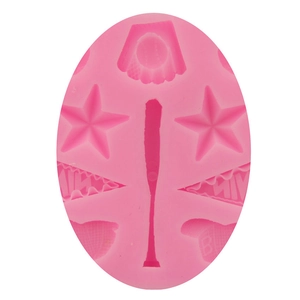 Pink silicone mold featuring baseball bat, star and pennant shapes for fondant cake decor