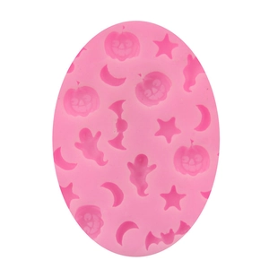 Detailed pink silicone mold featuring Halloween ghost, pumpkin, and bat relief patterns