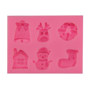 6-cavity pink silicone Christmas mold featuring bells, reindeer, and snowman shapes