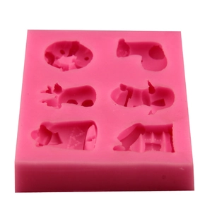 Pink 6-cavity Christmas silicone mold featuring stockings, bells, and tree for DIY baking