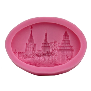 Pink silicone cake mold featuring a detailed 3D Russian castle and tower relief design