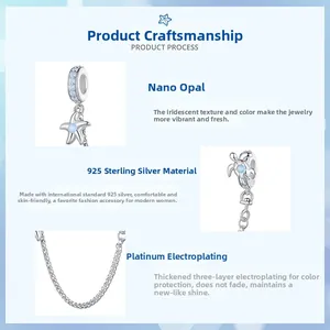 Detailed view of S925 sterling silver starfish and turtle charms with blue opal inlay