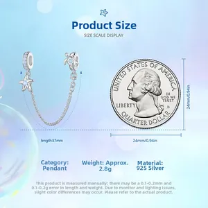 Detailed S925 sterling silver starfish and turtle safety chain charm with coin scale