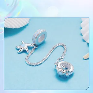 Detailed view of S925 silver ocean safety chain with opal sea turtle and starfish charms
