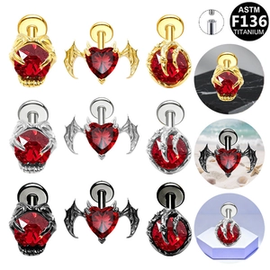 ASTM F136 Titanium Internally Threaded Piercing Studs Heart Bat Wing Dragon Claw Red Zirconia Earring Labret Jewelry