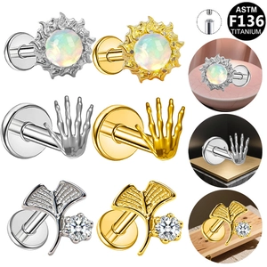 ASTM F136 Titanium Internally Threaded Labret Stud Earrings Skeleton Hand Sun Opal Ginkgo Leaf Piercing Jewelry For Unisex