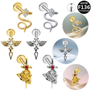 ASTM F136 Titanium Internal Threading Piercing Jewelry Winged Cross Rose Dagger Snake Labret Ear Cartilage Stud Earrings