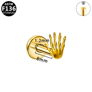 Golden G23 titanium skeleton hand labret stud with internal threading for piercings
