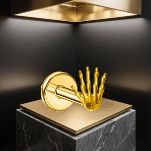 Detailed close-up of golden titanium palm bone ear stud on a stone platform