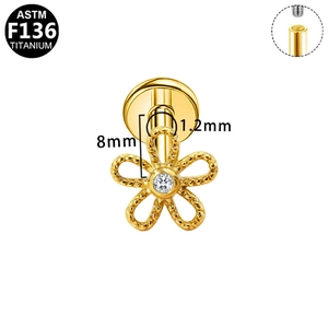 ASTM F136 titanium gouden bloem piercing oorbel met zirkoon en intern schroefdraad