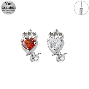 316L surgical steel heart crown labret stud earrings with red and clear gemstones