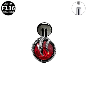 Macro view of G23 titanium dragon claw stud with internally threaded ruby gemstone