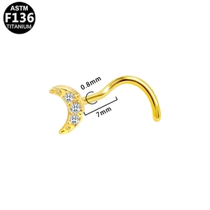 Makroaufnahme von Titan-Nasenstecker in Gold mit Mond-Design und Zirkonia-Steinen