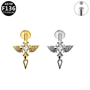ASTM F136 Titanium winged cross ear studs with zircon in gold and silver colors