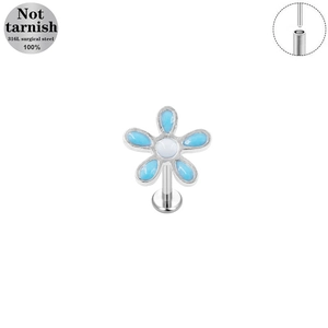 Piercing labret in acciaio chirurgico 316L con fiore in smalto blu per labbro e orecchio