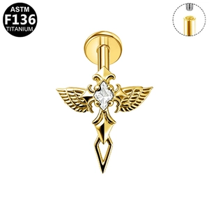 Macro detail of G23 titanium winged cross cartilage stud with internal threading