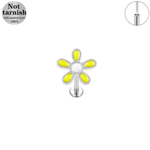 Piercing labbro a fiore giallo in acciaio chirurgico 316L con finitura in argento