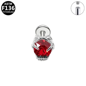 G23 titanium internally threaded stud featuring a red heart-shaped gemstone with bat wings