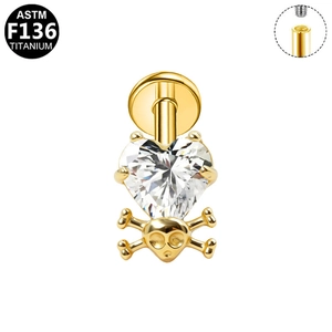 Titanium G23 piercing sieraad met gouden hart-zirkonia en schedel, interne draad