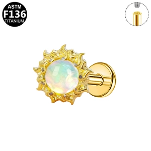 Detail of G23 titanium sun stud earring with opal stone and internal thread structure