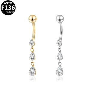 ASTM F136 titanium belly ring featuring tiered teardrop cubic zirconia in gold and silver