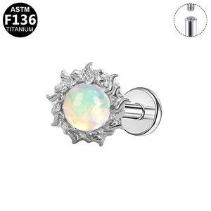 Detail view of G23 titanium labret stud with white fire opal and internal thread design