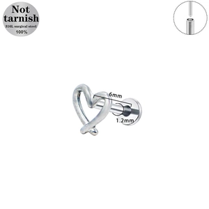 316L surgical steel heart labret stud with internal thread and hollow design