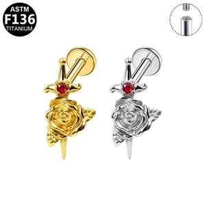Titanium G23 rose dagger ear piercing stud with red zircon and internal threading