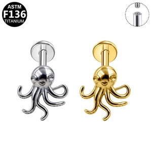 Details van G23 titanium octopus oorbellen met interne schroefdraad en kleine kristallen
