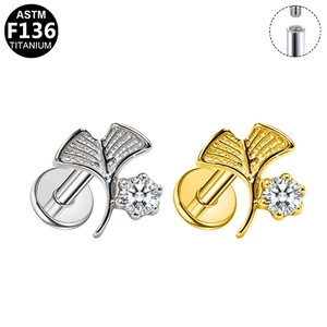 ASTM F136 titanium labret with ginkgo leaf design and sparkling inlaid crystals
