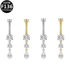ASTM F136 titanium belly rings with three-tier zircon dangles in gold and silver finish