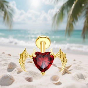 G23 titanium heart-shaped red gem bat wing stud earring on a beach background
