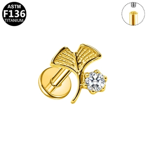 G23 titanium ginkgo leaf labret stud with crystal and internally threaded design