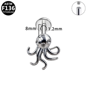 Octopus G23 titanium labret met kristallen ogen en intern schroefdraad detail