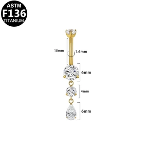 Detailed view of ASTM F136 titanium gold belly ring with sparkling zircon teardrop pendant