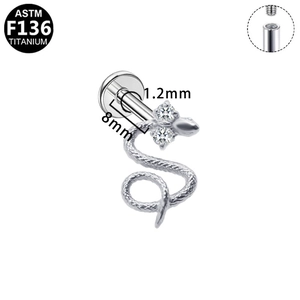 Titanium snake cartilage stud earring with clear crystals and 1.2mm flat back post