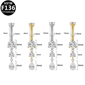 Detailed size chart for ASTM F136 titanium navel rings with teardrop zircon charms