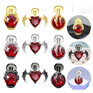 ASTM F136 titanium gothic heart bat wing ear studs in gold, silver, and black finishes