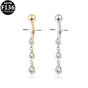 ASTM F136 titanium belly ring set with triple teardrop zircon dangles in gold and silver