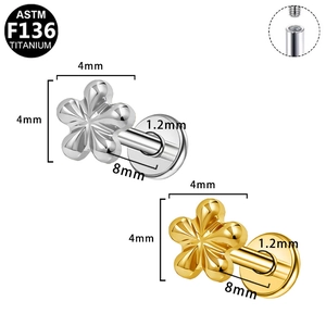 ASTM F136 titanium flower stud earrings with internal threading in gold and silver finish