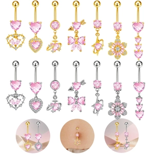 Anelli per Ombelico in Oro Rosa con Cuore e Fiocco in Strass per Donna Gioielli per Piercing al Corpo Placcati in Rame