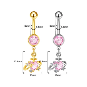 Piercing all'ombelico con cuore e luna in oro e argento con zircone rosa moda